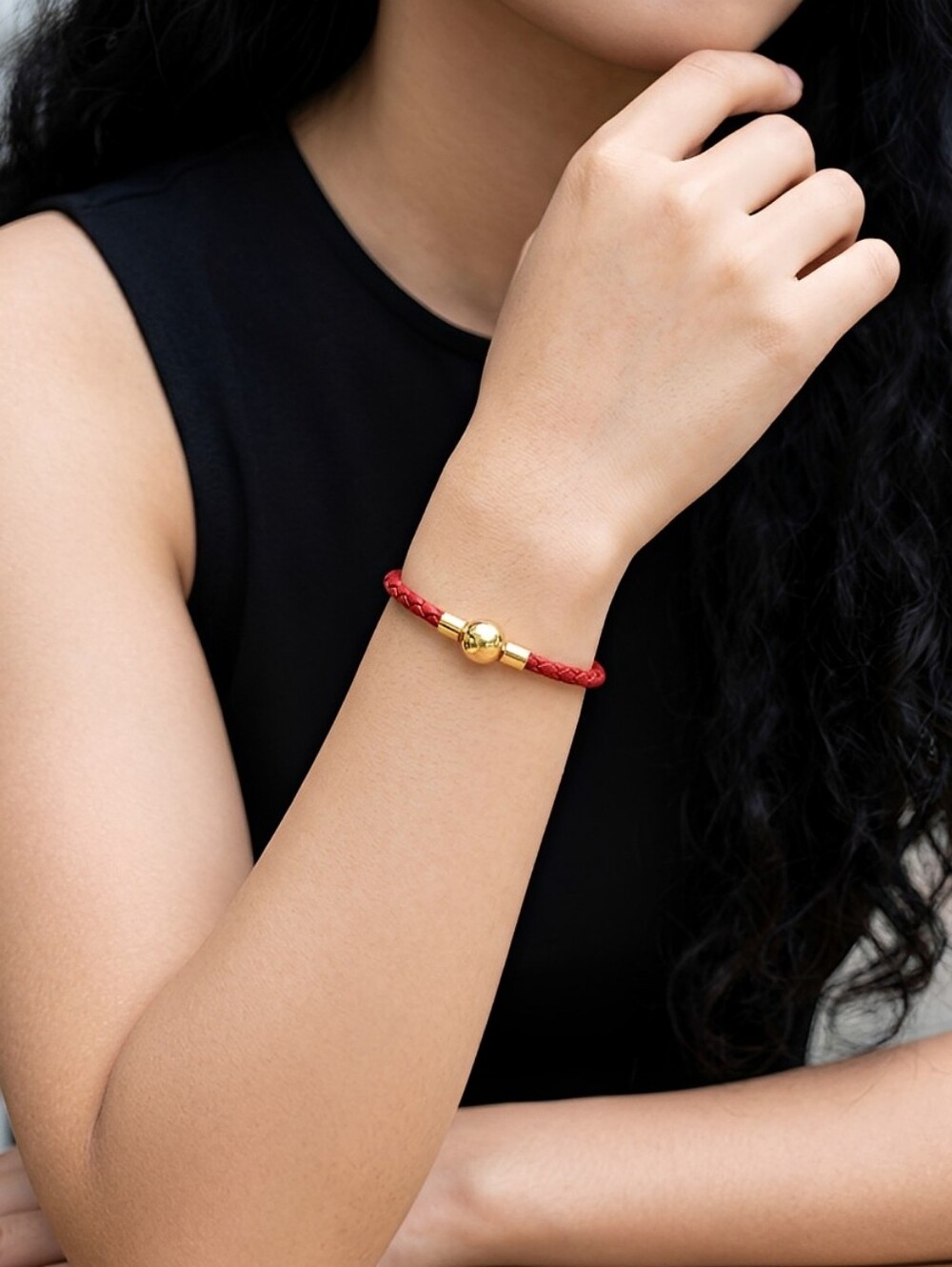 Linx Red Leather Braided Cord Bracelet with Gold Magnetic Clasp
